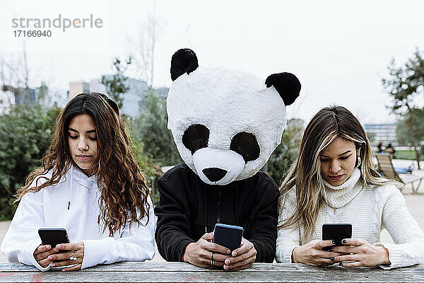 Female friends with young man wearing panda mask using smart phone at park