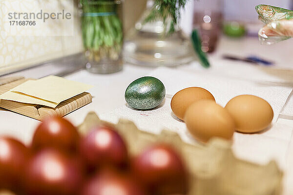 Easter eggs on table at home