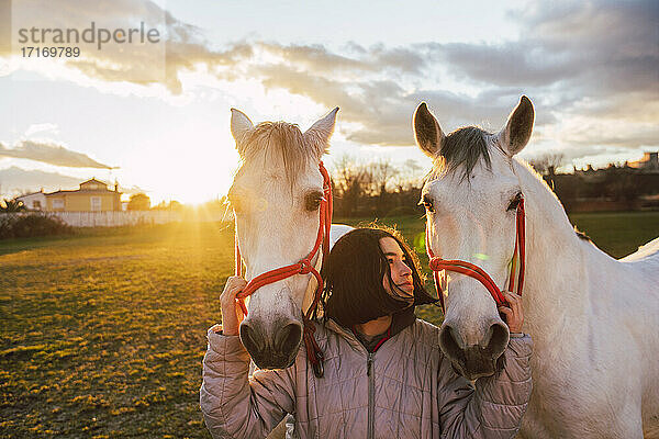 Girl standing between horses at ranch during sunset