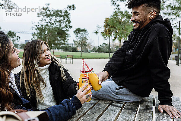 Happy friends toasting with orange juice bottle at park