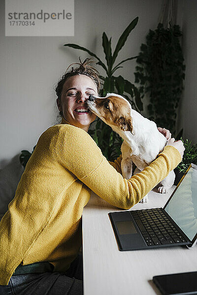 Smiling woman playing with dog while sitting at home office