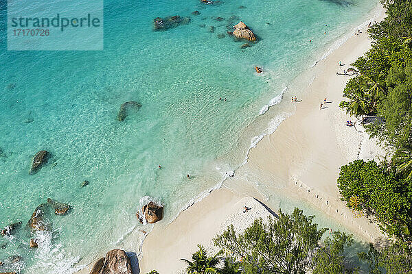 Seychelles  Praslin Island  Aerial view of Anse Lazio sandy beach with crystal clear turquoise ocean
