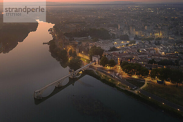 France  Provence-Alpes-Cote dAzur  Aerial view of river Rhone  Pont Saint-Benezet bridge and Palais des Papes at dawn