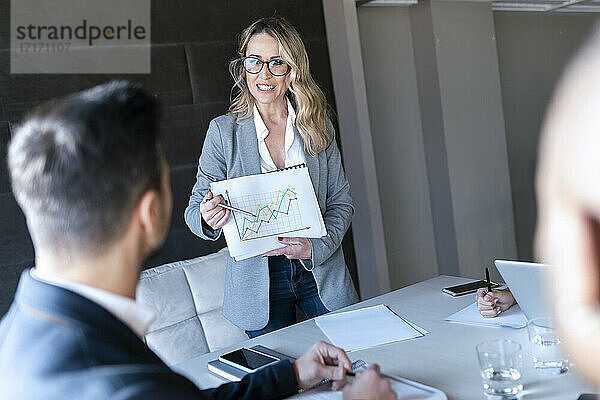 Smiling businesswoman showing graph while standing in office