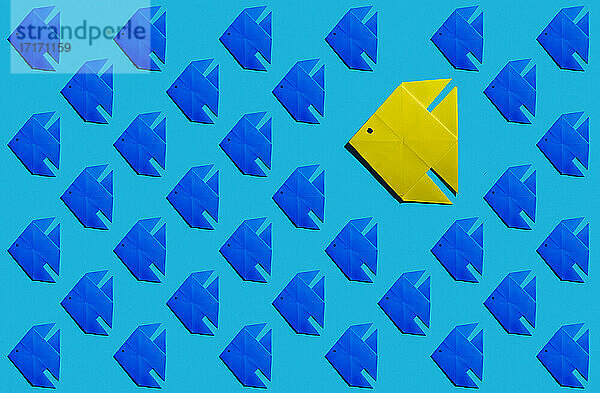 Muster eines blauen Origami-Fisches mit einem einzelnen gelben Fisch