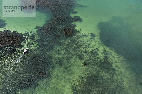 Seychelles  Praslin Island  Aerial view of motorboat on crystal clear turquoise ocean