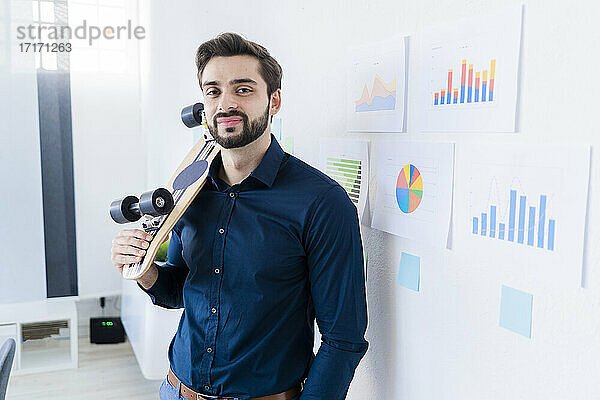 Male entrepreneur with skateboard while standing against wall in office