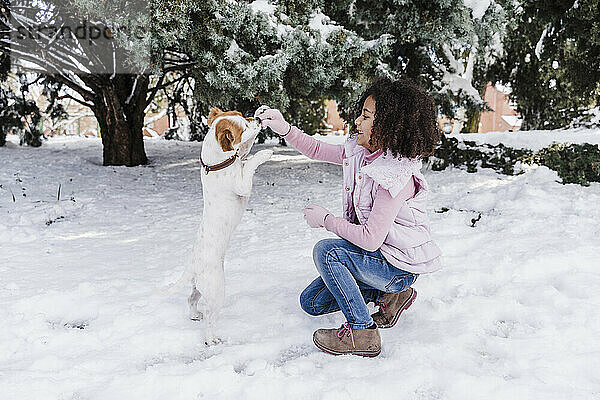 Nettes Mädchen spielt mit Hund im Schnee im Park