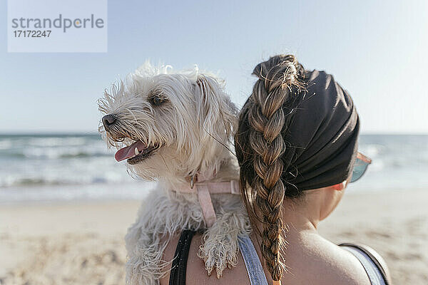 Frau hält ihren Hund am Strand