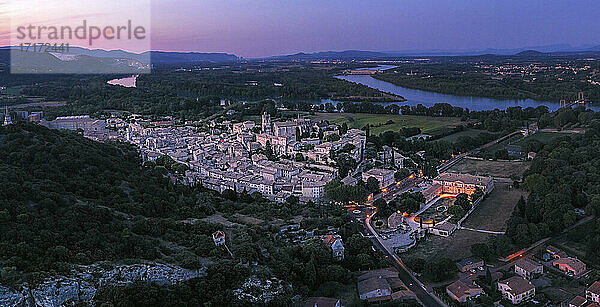 France  Ardeche  Aerial view of medieval town at dusk