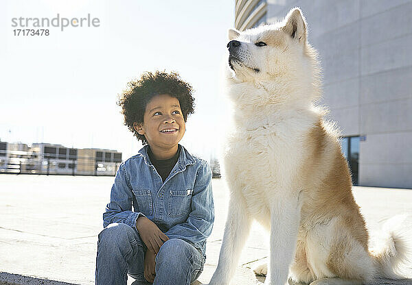 Lächelnder Junge  der einen Hund ansieht  während er auf dem Fußweg sitzt