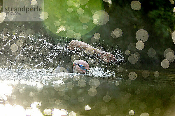 Mann schwimmt im Fluss