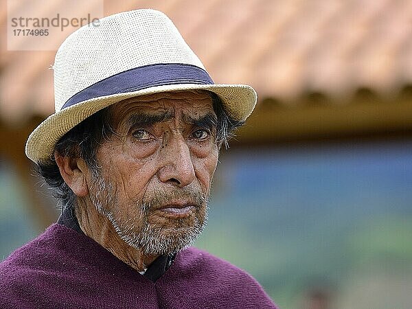 Alter indigener Mann mit Hut  Portrait  Kuelap  Provinz Luya  Region Amazonas  Peru  Südamerika
