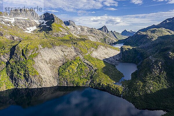 Aerial view  mountain landscape  lakes and mountains  Moskenes  Moskenesöy  Lofoten  Nordland  Norway