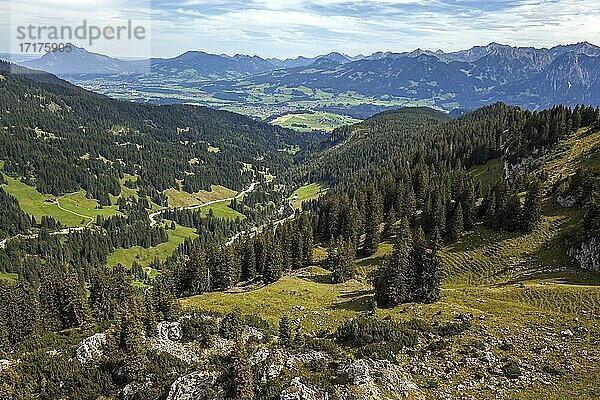 Ausblick vom Besler Grat auf Riedbergstraße  Illertal und Allgäuer Alpen  bei Obermaiselstein  Oberallgäu  Allgäu  Bayern  Deutschland  Europa