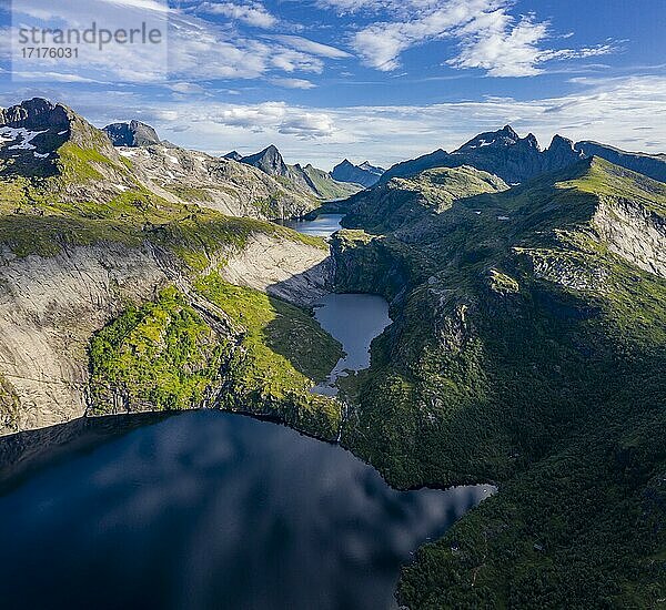 Aerial view  mountain landscape  lakes and mountains  Moskenes  Moskenesöy  Lofoten  Nordland  Norway