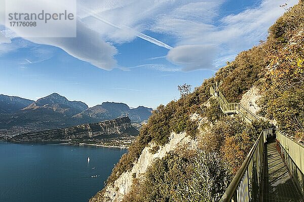 Gesicherter Wanderweg mit Treppen und Geländer aus Eisen  Gardasee-Panoramaweg von Busatte nach Tempesta  Sentiero panoramico Busatte Tempesta  Torbole  Turbel  Gardasee  Provinz Trient  Trentino  Italien  Europa