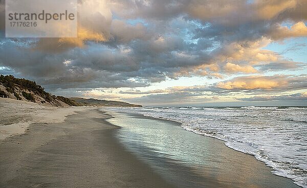 Sandstrand bei Sonnenuntergang  Saint Clair Beach  Dunedin  Otago Peninsula  Otago  Südinsel  Neuseeland  Ozeanien