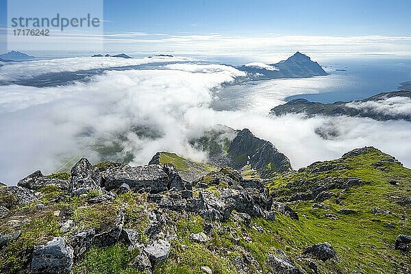 Berglandschaft in Wolken  Blick vom Gipfel des Stornappstinden  Lofoten  Nordland  Norwegen  Europa
