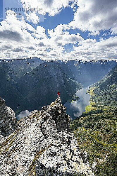 Wanderin steht auf Felszunge  Blick vom Gipfel des Breiskrednosi  Berge und Fjord  Nærøyfjord  Aurland  Norwegen  Europa