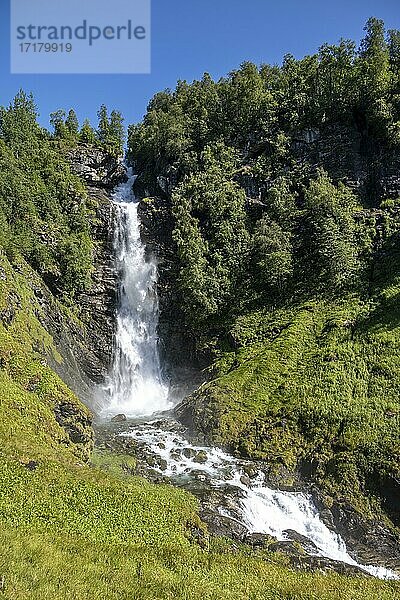 Wasserfall am Wanderweg zum Berg Skåla  Stryn  Vestland  Norwegen  Europa