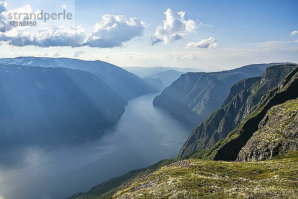 Ausblick vom Gipfel des Berges Prest auf Fjord Aurlandsfjord  Aurland  Norwegen  Europa