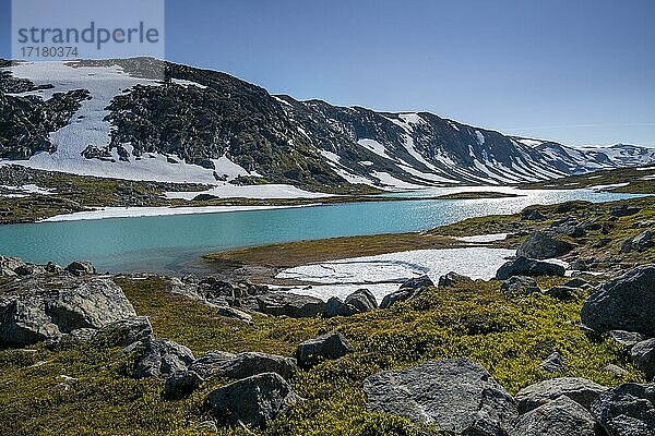 Türkiser See und Berge  Norwegische Landschaftsroute  Gamle Strynefjellsvegen  zwischen Grotli und Videsæter  Norwegen  Europa