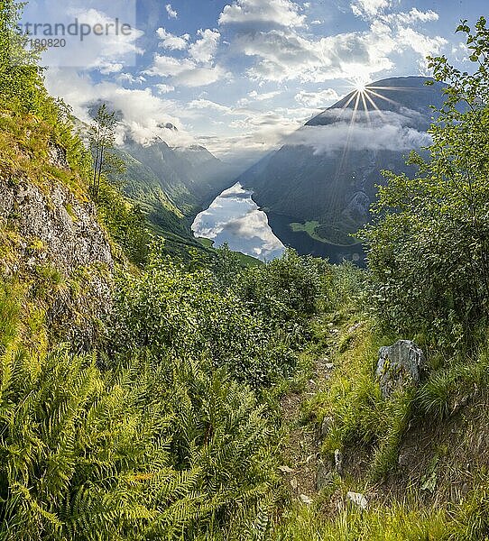 Blick vom Wanderweg Rimstig  Rimstigen  Sonne scheint auf Berge und Fjord  Nærøyfjord  Aurland  Norwegen  Europa