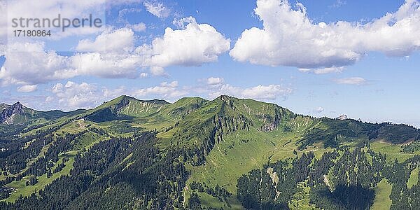 Panorama vom Himmelschrofen (1790m)  zum Fellhorn  2038m und Söllereck  1706m  Allgäuer Alpen  Allgäu  Bayern  Deutschland  Europa