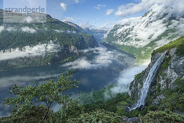 Wasserfall Gjerdefossen  am Ørnesvingen Aussichtspunkt  Geirangerfjord  bei Geiranger  Møre og Romsdal  Norwegen  Europa