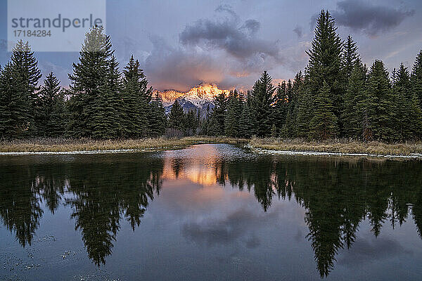 Erstes Licht auf den Grand Tetons mit Reflexion bei Schwabacher's Landing  Grand Teton National Park  Wyoming  Vereinigte Staaten von Amerika  Nordamerika