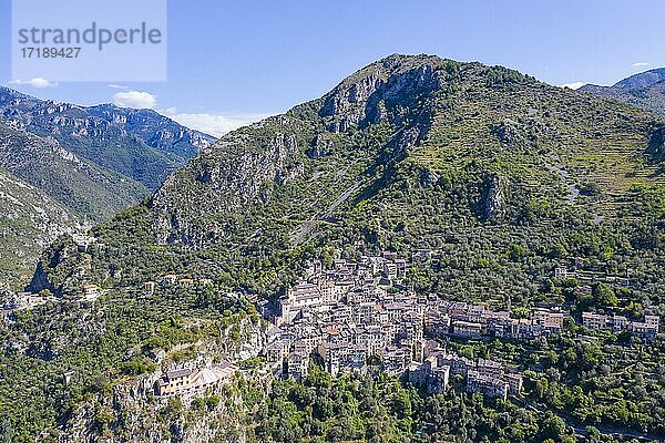 Luftaufnahme Bergdorf Saorge überhalb des Tal der Roya an der Straße zwischen Ventimiglia an der Küste und dem Tendepaß Col de Tende  Departement Alpes-Maritimes  Region Provence-Alpes-Cote d'Azur  Seealpen  Frankreich  Europa