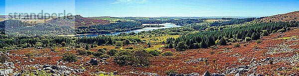 Panorama  weite Landschaft  Sharpitor bis Burrator Reservoir  Dartmoor Nationalpark  Devon  England  United Kingdom