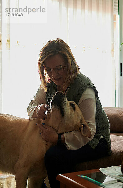 Frau mittleren Alters streichelt und spielt mit ihrem Labrador-Hund zu Hause