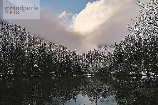 Dramatische Landschaft eines Sees im Wald in der Nähe von Bergen im Winter.