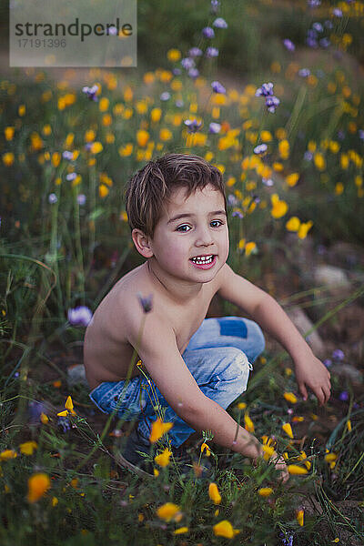Junger Junge ohne Hemd sitzt auf einem Feld mit gelben und lila Wildblumen.