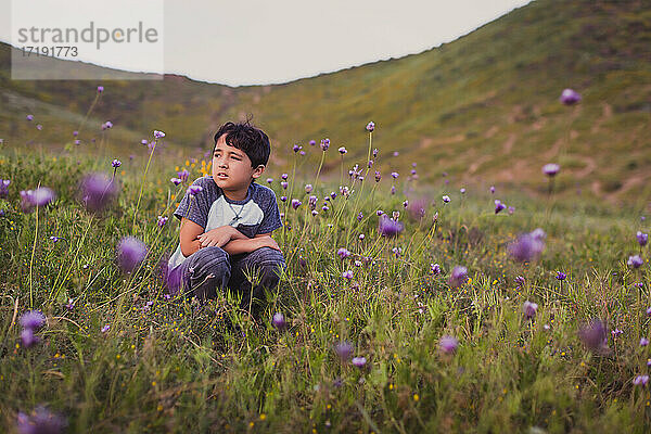 Junge sitzt auf einem Feld mit Wildblumen im Frühling.