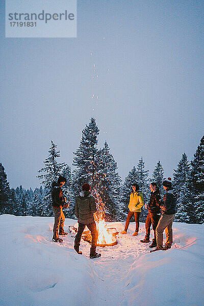 Eine Gruppe von Freunden steht um ein Lagerfeuer mit verschneiten Kiefern