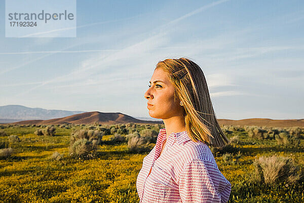 sonnenbeschienenes Profil einer jungen Frau in einem Wüstenblumenfeld