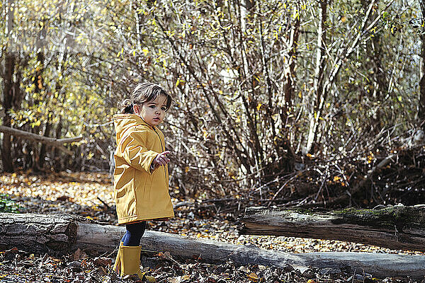 Ein 2-jähriges Mädchen in einem gelben Regenmantel in der Natur