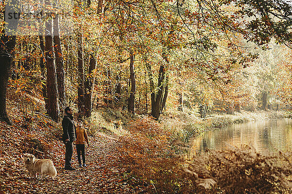 Junge und Vater stehen im Herbst unter Bäumen am Kanal