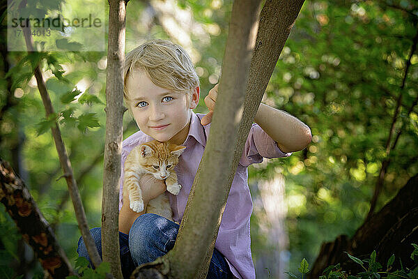 Kleiner blonder Junge in einem Baum mit einem Kätzchen auf dem Land.