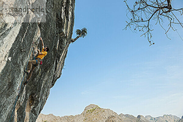 Mann klettert auf Kalksteinfelsen in Laos