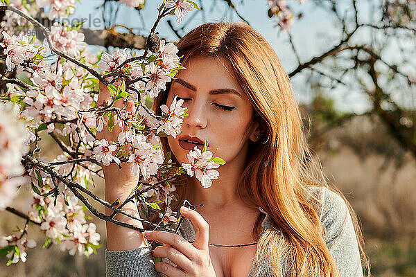 Porträt einer jungen blauäugigen Frau  umgeben von Mandelblüten