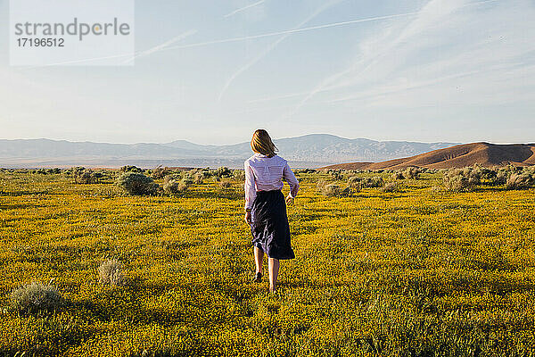 Junge Frau geht in einem Wildblumenfeld in der kalifornischen Wüste spazieren
