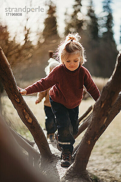 Kleines Kind klettert an einem sonnigen Wintertag im Wald auf einen Baumstamm
