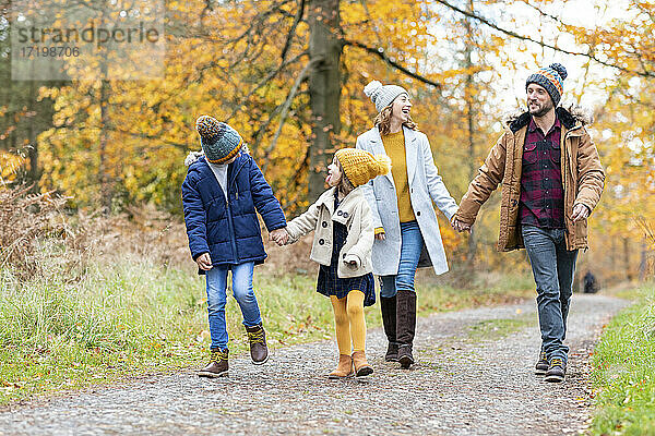 Geschwister schauen sich an  während sie mit ihren Eltern im Wald spazieren gehen