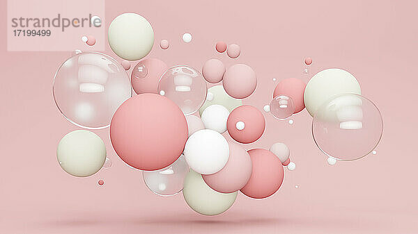 Dreidimensionales Rendering von pastellfarbenen Blasen schwimmen gegen rosa Hintergrund