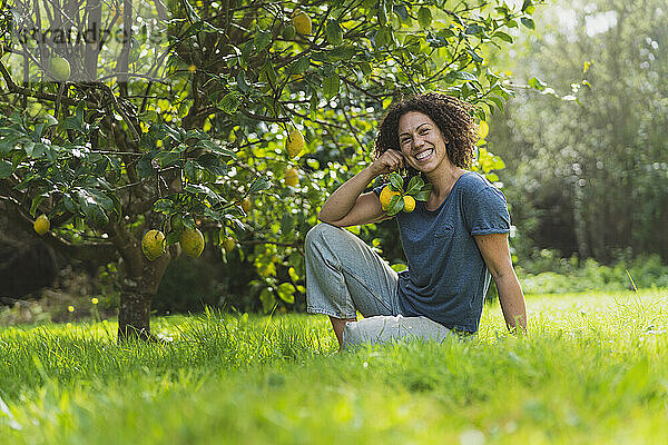 Glückliche Frau hält Zitronen in der Hand und sitzt im Gras unter einem Zitronenbaum