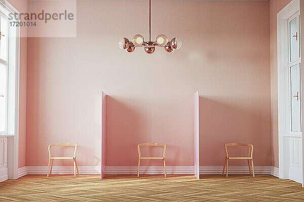 Dreidimensionales Rendering von leeren Stühlen in einem rosafarbenen Wartezimmer
